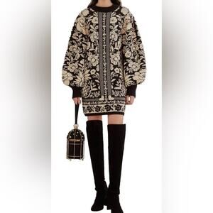 Black Pineapple Garden Mini Sweater Dress bubble long sleeves size small